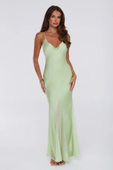 Couture Evening Satin Maxi Dress Green