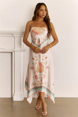 Coastal Chic Strapless Scarf Print Midi Dress Pink