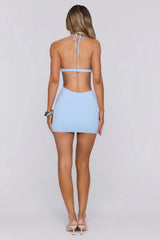 Rain Drop Beaded Halter Mini Dress Blue