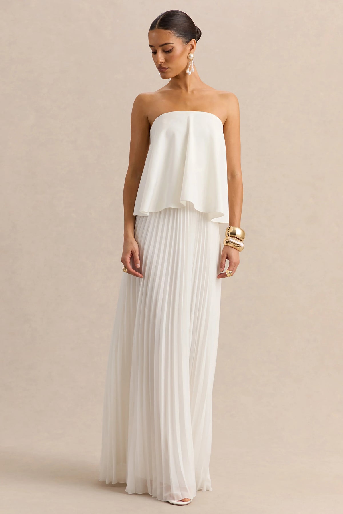 Saralyn White Bandeau Maxi Dress With Pleated Skirt