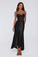 Sultry Horizon Satin Lace Maxi Dress Black