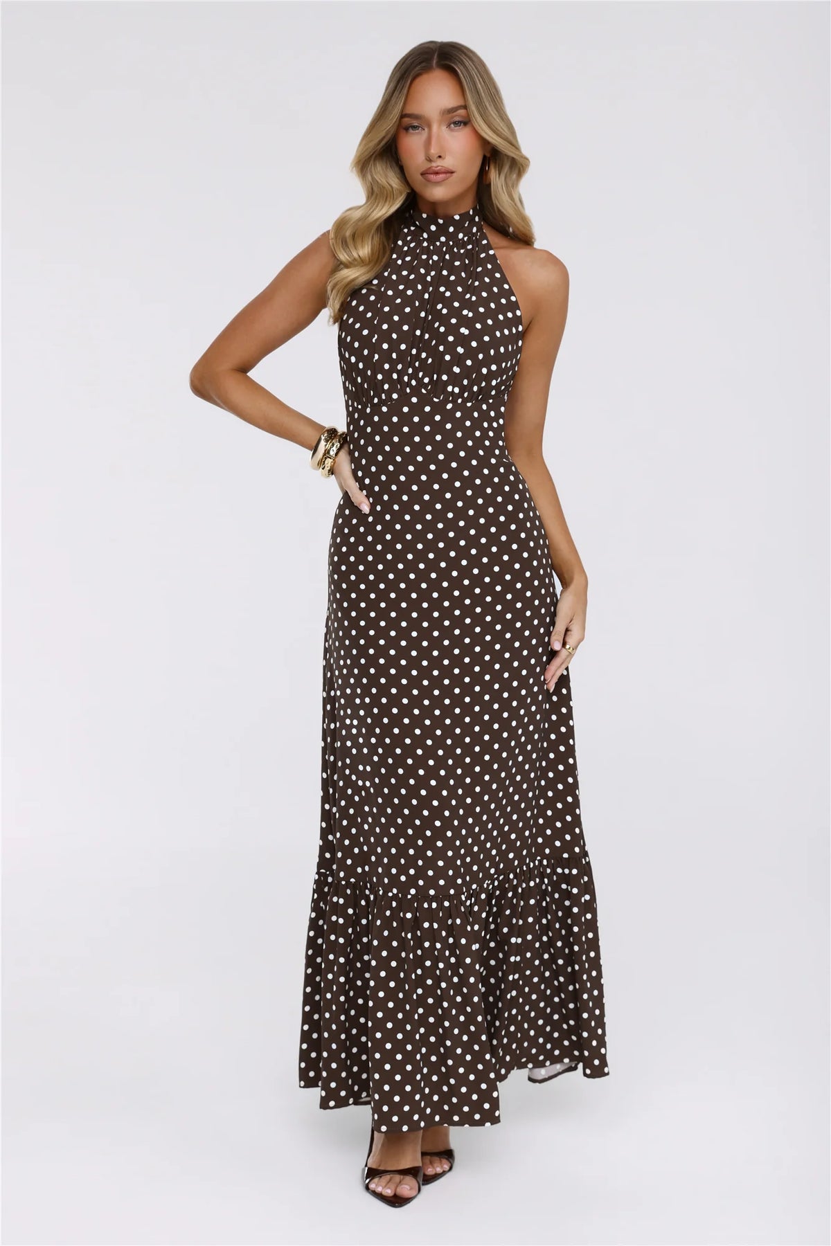 Pretty Wins Again Polka Dot Halter Maxi Dress Brown