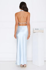 Draped In Diamonds Satin Halter Maxi Dress Blue