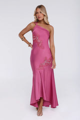 Jelly Glow One Shoulder Satin Maxi Dress Rose