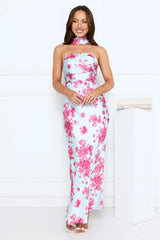 Bloom Pop Satin Strapless Maxi Dress Blue