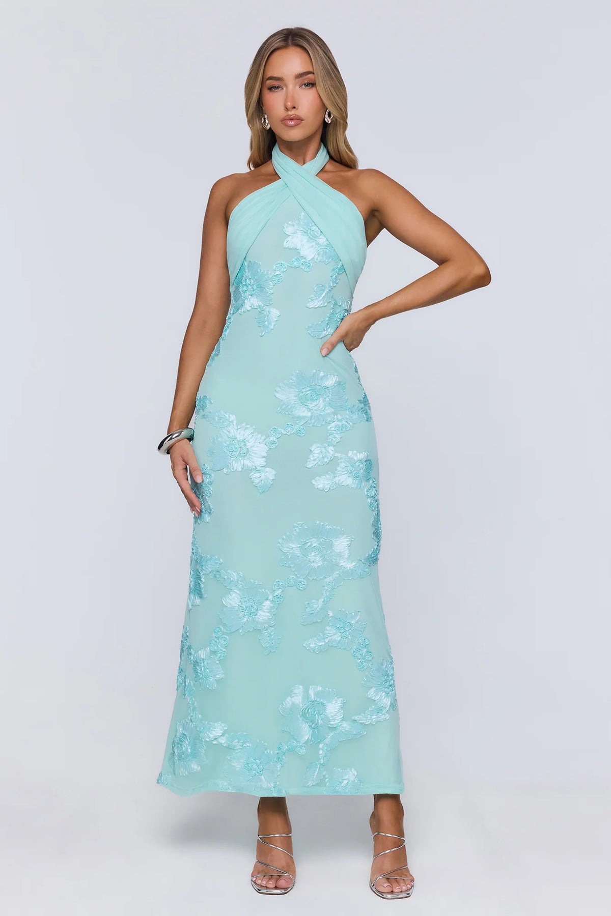 Sun Club Energy Mesh Halter Maxi Dress Aqua
