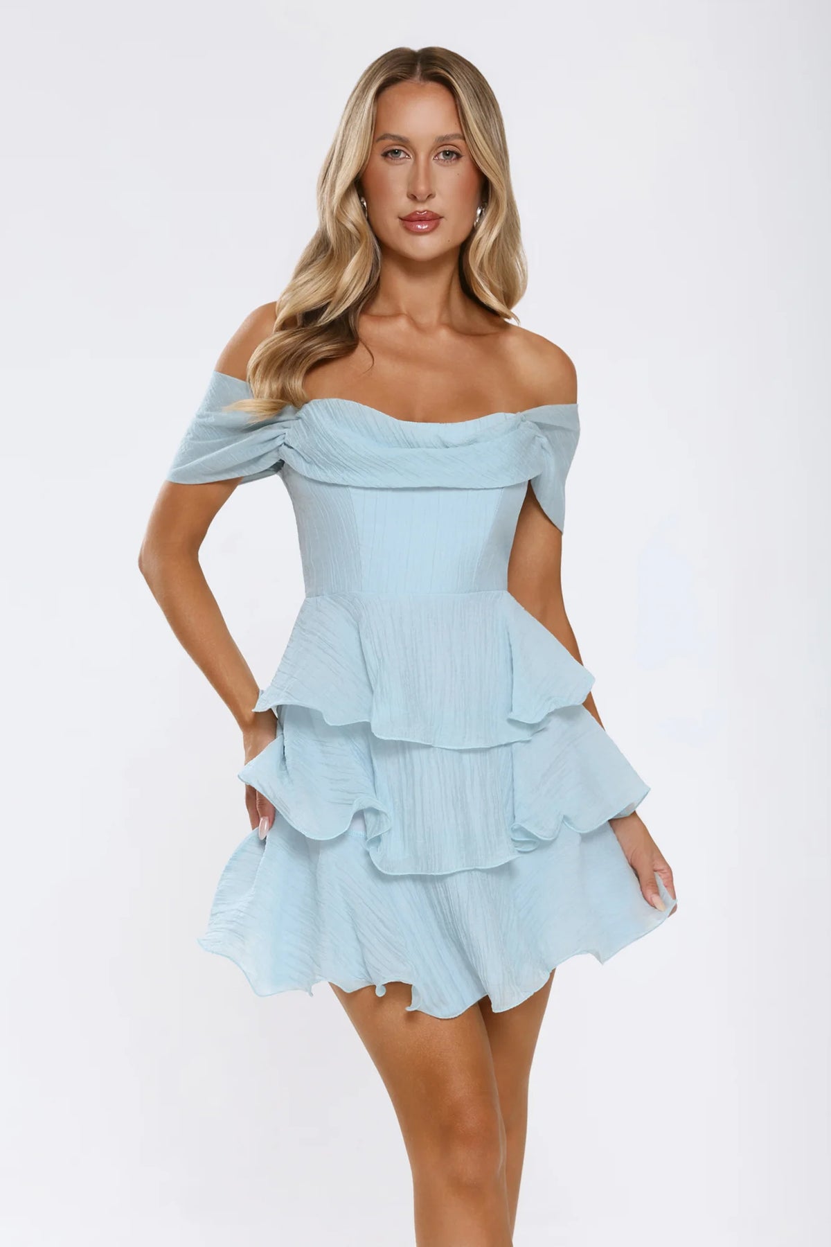 Pretty In The Sun Off Shoulder Mini Dress Blue
