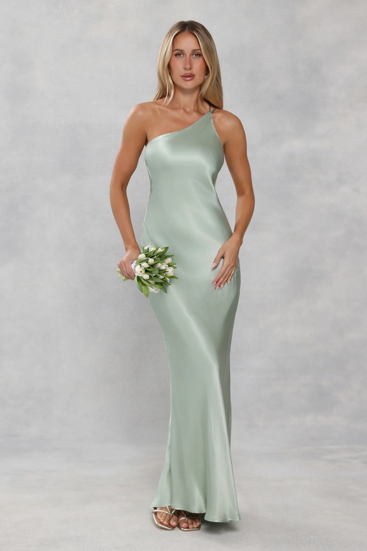 The Evangeline One Shoulder Satin Maxi Dress Sage Green