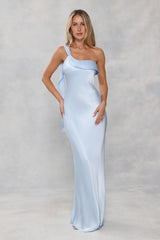 The Zafira One Shoulder Satin Maxi Dress Light Blue
