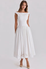 white cotton broderie anglaise boat neck maxi dress
