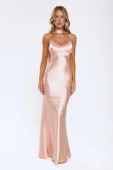 Summer Tease Polka Dot Satin Maxi Dress Pink