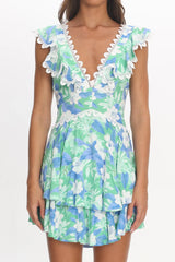 Charade Ruffle Shoulder Corset Back Dress Floral Green