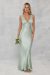 The Isabeau Satin Maxi Dress Sage Green