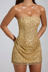 Embellished Bandeau A-Line Mini Dress in Gold