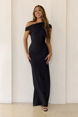 Sultry Draped One Shoulder Maxi Dress Black