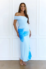 Always Winning Off Shoulder Mesh Maxi Dress Blue