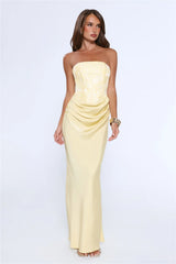 Dressed To Dazzle Strapless Satin Maxi Dress Yellow
