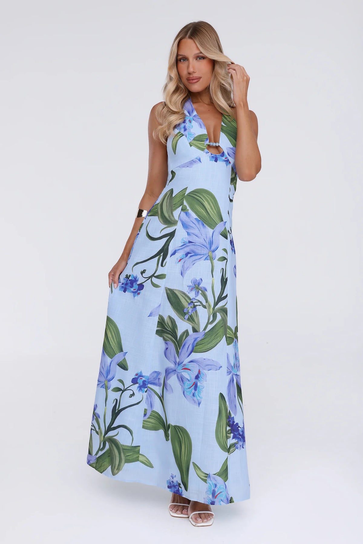 Fleur Flicker Halter Maxi Dress Blue