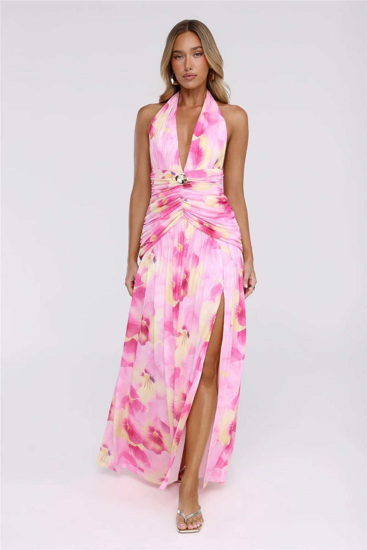 Darlingly Done Halter Mesh Maxi Dress Pink