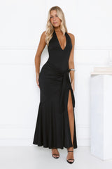 Sultry Halter Split Knit Maxi Dress Black