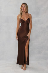The Sophia Satin Maxi Dress Chocolate Brown