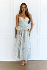 Lush Life Peplum Strapless Maxi Dress Blue