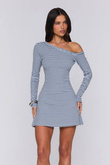BASE Luxe Rib Off Shoulder Long Sleeve Mini Dress Blue Brown Stripe
