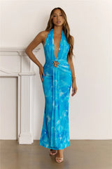 Pretty Wins Halter Mesh Maxi Dress Blue