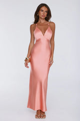 Pearl Indulgence Satin Maxi Dress Peach