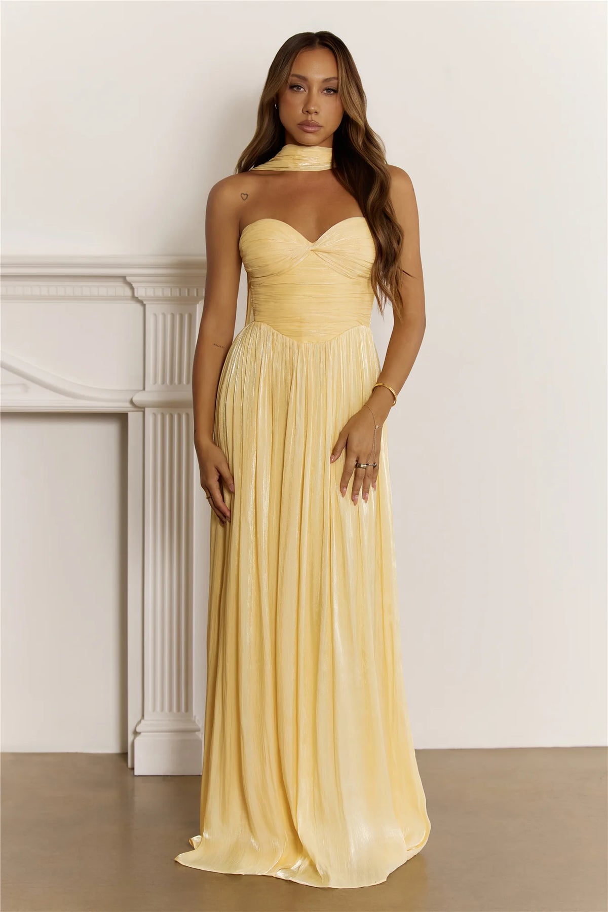 Shimmering Goddess Strapless Maxi Dress Yellow