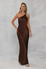 The Evangeline One Shoulder Satin Maxi Dress Chocolate Brown