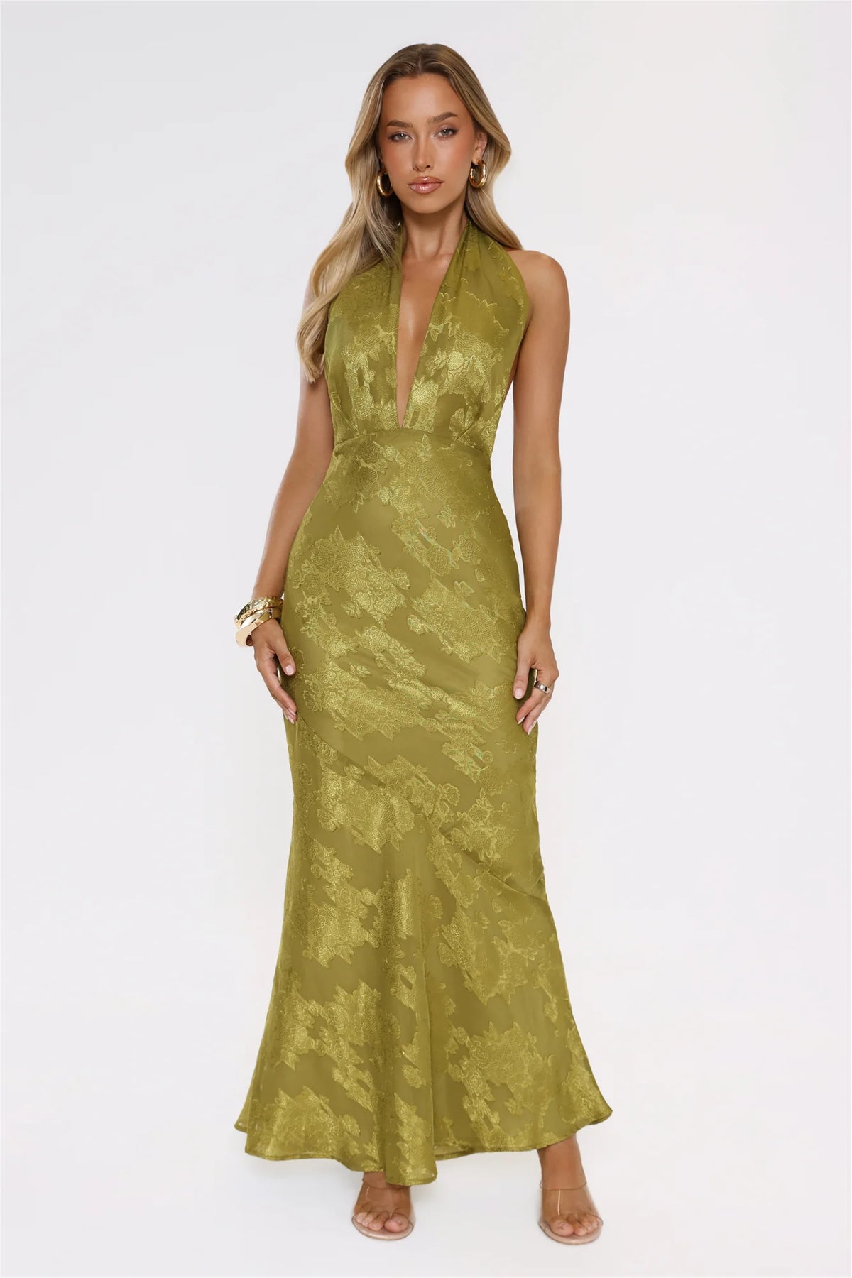 Moodboard Energy Halter Maxi Dress Olive