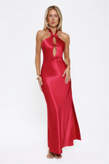 Sleek Halter Neck Cutout Satin Maxi Dress Red