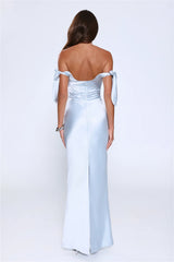 Flirty Intentions Off Shoulder Satin Maxi Dress Blue