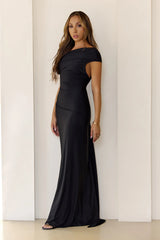 Sultry Draped One Shoulder Maxi Dress Black