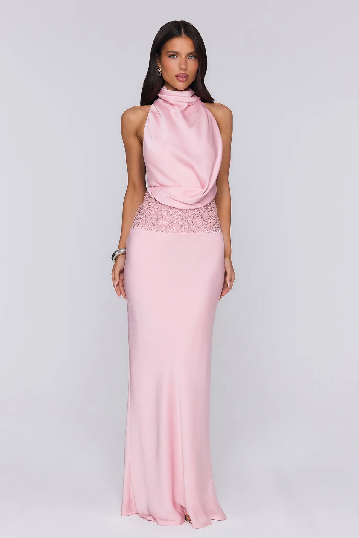 Gossip And Glitter Halter Satin Maxi Dress Blush