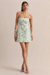 Brianna | Mint Floral Embellished Square-Neck Mini Dress