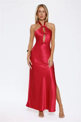 Sleek Halter Neck Cutout Satin Maxi Dress Red