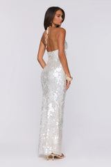 Sparkling Affair Sequin Halter Maxi Dress Ecru White