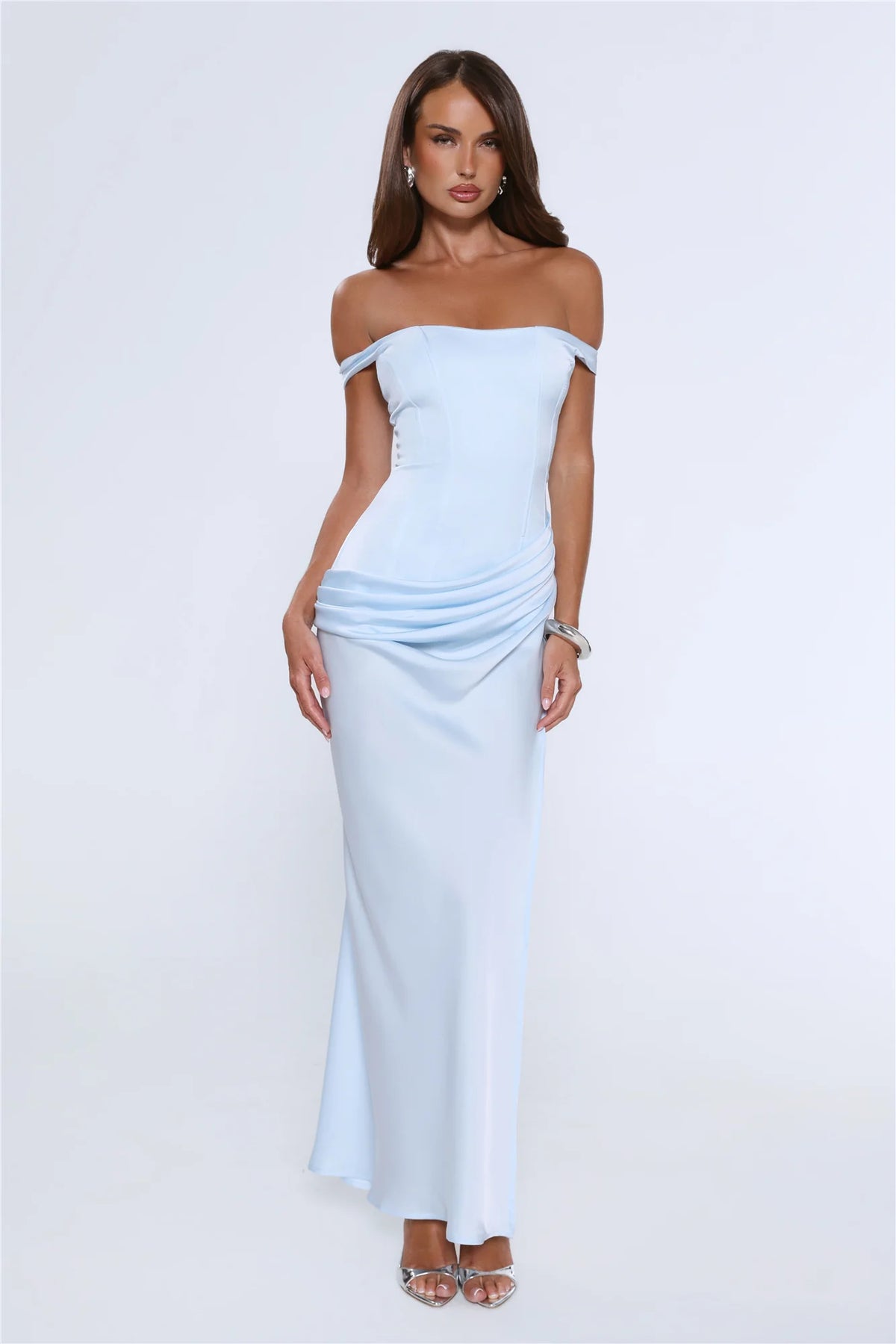 The After Party Off Shoulder Satin Maxi Dress Blue