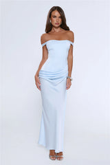 The After Party Off Shoulder Satin Maxi Dress Blue