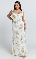 Mabel Maxi Dress - Georgette Frill Sleeve Sweetheart Bias Cut Dress in Antique Florals