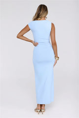Chic Dreams Await Off Shoulder Maxi Dress Blue