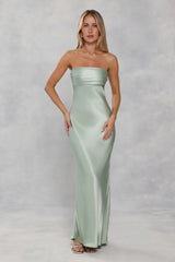 The Seraphina Strapless Satin Maxi Dress Sage Green
