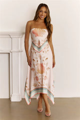 Coastal Chic Strapless Scarf Print Midi Dress Pink