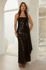 Sparkle Moon Lace Sequin Halter Maxi Dress Black