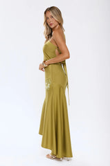 Jelly Glow One Shoulder Satin Maxi Dress Olive