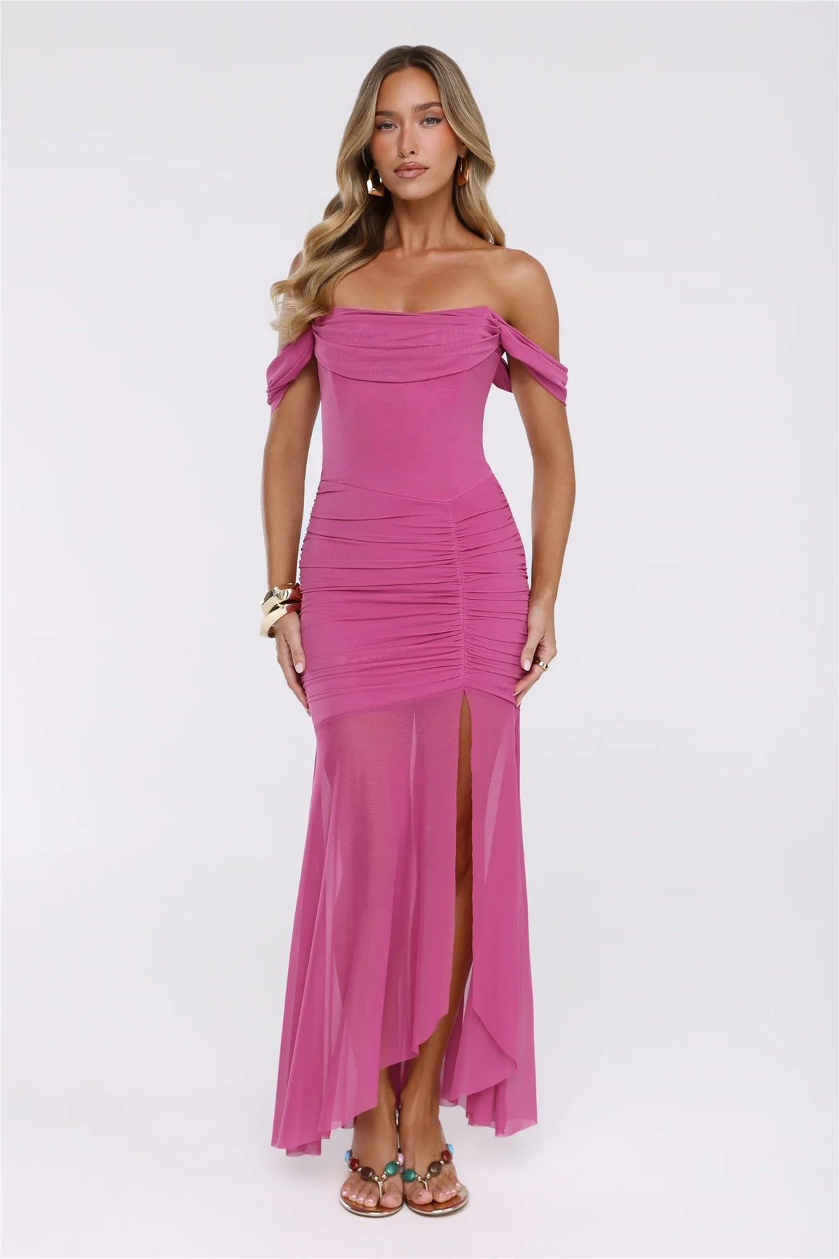 City Glow Up Off Shoulder Maxi Dress Plum