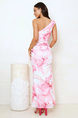 Dressed To Distract One Shoulder Mesh Maxi Dress Pink