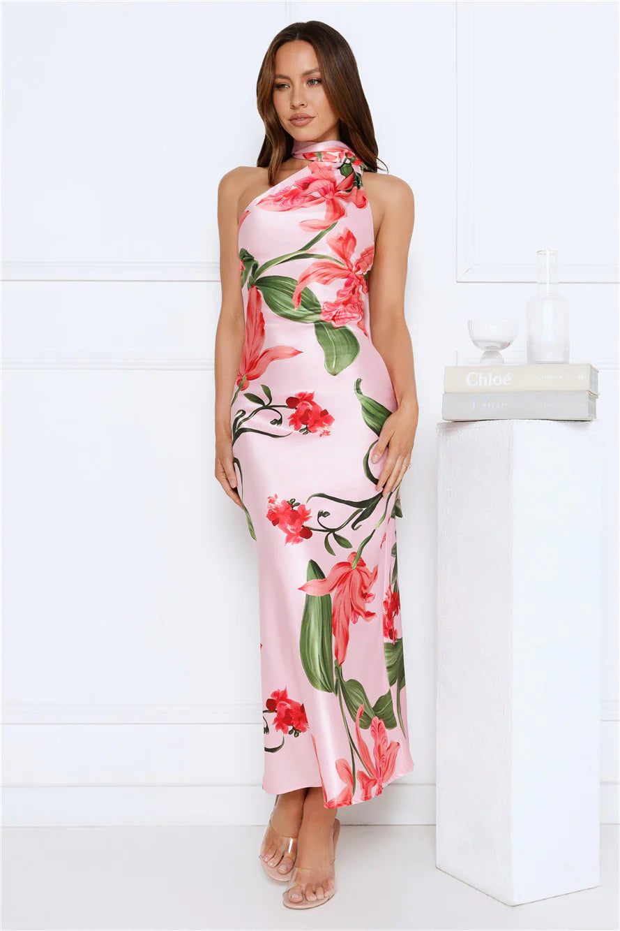 Romance In Bloom Satin Maxi Dress Pink
